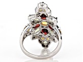 Pre-Owned Round Citrine, Pear Shaped Garnet, Mixed Peridot With Black Spinel Rhodium Over Silver Rin