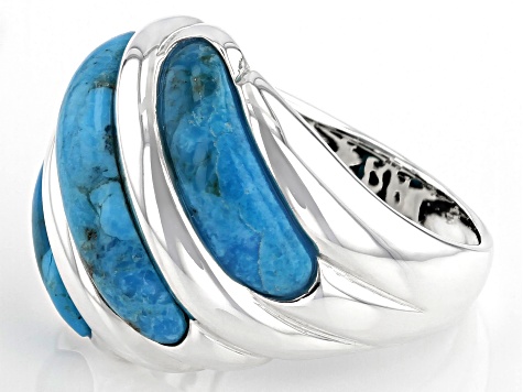 Pre-Owned Blue Cabochon Turquoise Rhodium Over Sterling Silver 3-Stone Ring