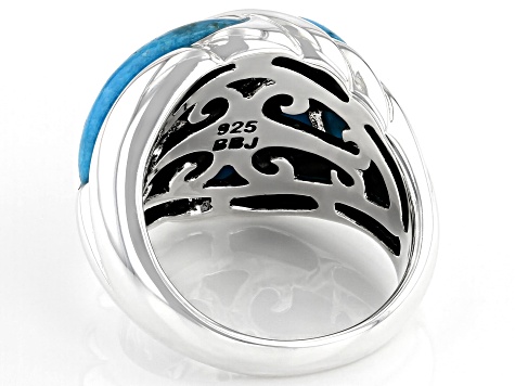 Pre-Owned Blue Cabochon Turquoise Rhodium Over Sterling Silver 3-Stone Ring
