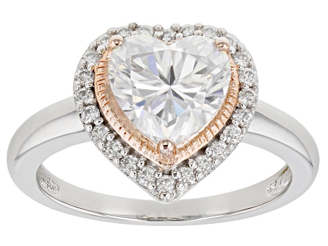 Pre-Owned Moissanite platineve and 14k rose gold over sterling silver heart ring 2.04ctw DEW.