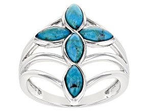 Pre-Owned Blue Turquoise Rhodium Over Sterling Silver Cross Ring