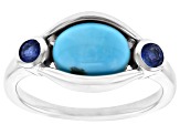 Pre-Owned 9x7mm Oval Cabochon Turquoise Rhodium Over Silver 3-Stone Ring 0.22ctw