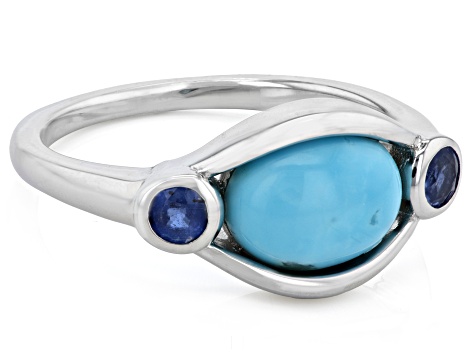 Pre-Owned 9x7mm Oval Cabochon Turquoise Rhodium Over Silver 3-Stone Ring 0.22ctw