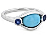 Pre-Owned 9x7mm Oval Cabochon Turquoise Rhodium Over Silver 3-Stone Ring 0.22ctw