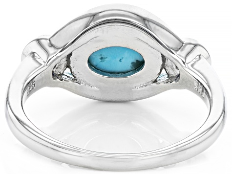 Pre-Owned 9x7mm Oval Cabochon Turquoise Rhodium Over Silver 3-Stone Ring 0.22ctw