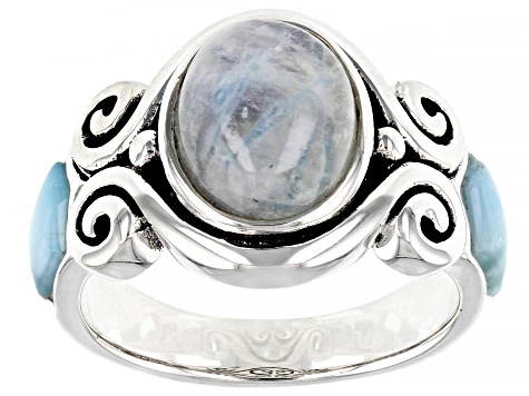 Pre-Owned White Rainbow Moonstone Rhodium Over Sterling Silver 3-Stone Ring