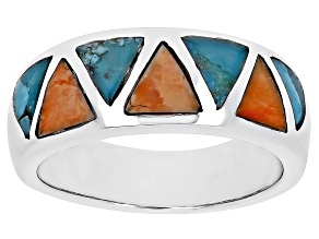 Pre-Owned Blue Turquoise & Shell Rhodium Over Silver Geometric Band Ring