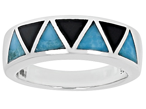 Pre-Owned Blue Turquoise & Onyx Rhodium Over Silver Geometric Band Ring