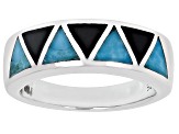 Pre-Owned Blue Turquoise & Onyx Rhodium Over Silver Geometric Band Ring