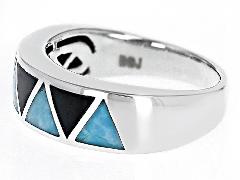 Pre-Owned Blue Turquoise & Onyx Rhodium Over Silver Geometric Band Ring