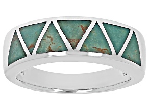 Pre-Owned Green Kingman Turquoise Rhodium Over Silver Geometric Band Ring