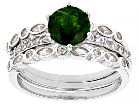 Pre-Owned Green Chrome Diopside Rhodium Over Sterling Silver Ring Set 1.93ctw