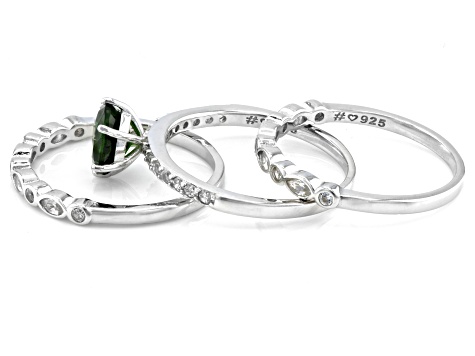 Pre-Owned Green Chrome Diopside Rhodium Over Sterling Silver Ring Set 1.93ctw