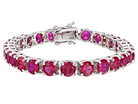 Pre-Owned Red Lab Created Ruby Rhodium Over Sterling Silver Tennis Bracelet 22.50ctw