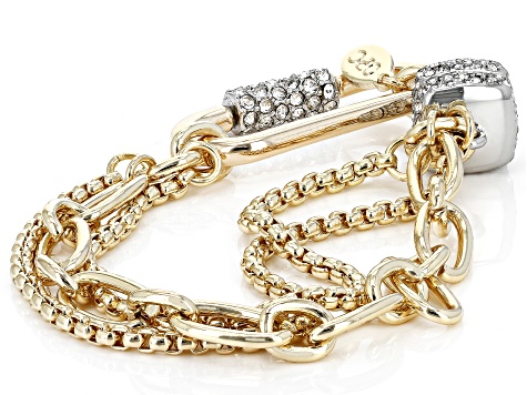 Pre-Owned White Crystal Gold Tone Multi-Strand Caribiner Bracelet