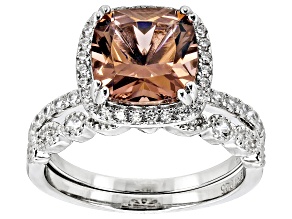 Pre-Owned Blush Zircon Simulant And White Cubic Zirconia Rhodium Over Sterling Silver Ring With Band