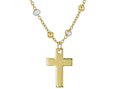 Pre-Owned 10K Yellow Gold Cross Necklace With Enamel Beaded Chain