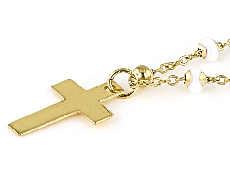 Pre-Owned 10K Yellow Gold Cross Necklace With Enamel Beaded Chain