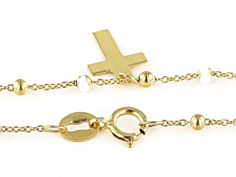 Pre-Owned 10K Yellow Gold Cross Necklace With Enamel Beaded Chain