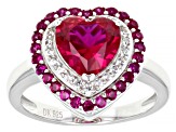 Pre-Owned Red Lab Created Ruby Rhodium Over Sterling Silver Heart Ring 2.51ctw
