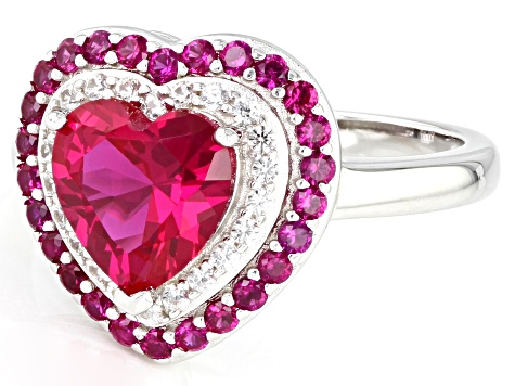 Pre-Owned Red Lab Created Ruby Rhodium Over Sterling Silver Heart Ring 2.51ctw