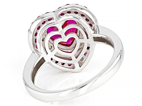 Pre-Owned Red Lab Created Ruby Rhodium Over Sterling Silver Heart Ring 2.51ctw