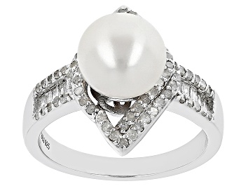 Picture of Pre-Owned White Cultured Freshwater Pearl With .50ctw Diamond Rhodium Over Sterling Silver Ring