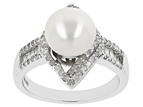 Pre-Owned White Cultured Freshwater Pearl With .50ctw Diamond Rhodium Over Sterling Silver Ring