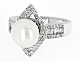 Pre-Owned White Cultured Freshwater Pearl With .50ctw Diamond Rhodium Over Sterling Silver Ring