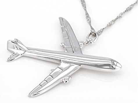 Pre-Owned Rhodium Over Sterling Silver Airplane Pendant With Chain - P4582