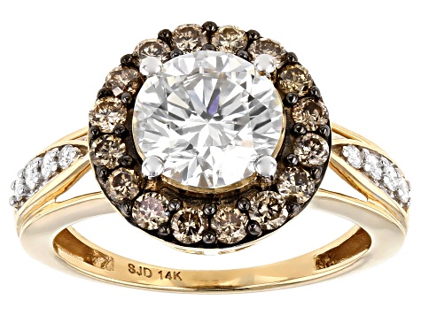 Pre-Owned Moissanite and champagne diamond 14k yellow gold ring 2.60ctw DEW.
