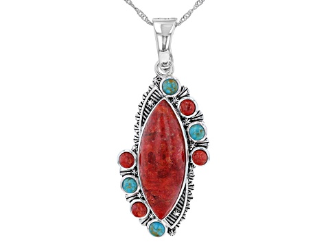 Pre-Owned Red Sponge Coral and Turquoise Rhodium Over Silver Enhancer with 18" Chain