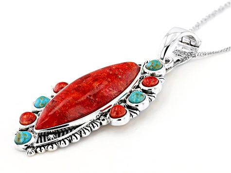 Pre-Owned Red Sponge Coral and Turquoise Rhodium Over Silver Enhancer with 18" Chain
