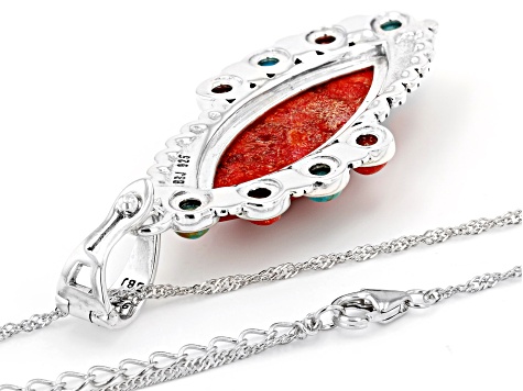 Pre-Owned Red Sponge Coral and Turquoise Rhodium Over Silver Enhancer with 18" Chain