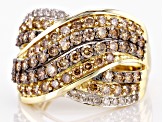 Pre-Owned Champagne And White Diamond 10k Yellow Gold Wide Crossover Band Ring 2.00ctw