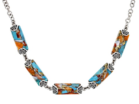 Pre-Owned Blended Turquoise and Orange Spiny Oyster Shell Rhodium Over Silver Necklace
