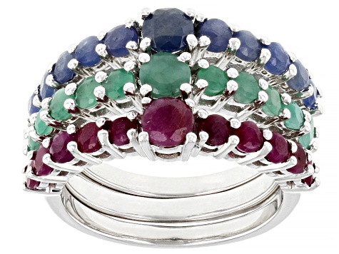 Pre-Owned Indian Ruby, Indian Sapphire With Sakota Emerald Rhodium Over Silver Ring Set 3.54ctw