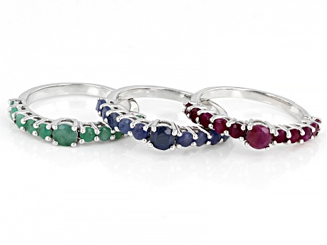 Pre-Owned Indian Ruby, Indian Sapphire With Sakota Emerald Rhodium Over Silver Ring Set 3.54ctw