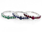 Pre-Owned Indian Ruby, Indian Sapphire With Sakota Emerald Rhodium Over Silver Ring Set 3.54ctw