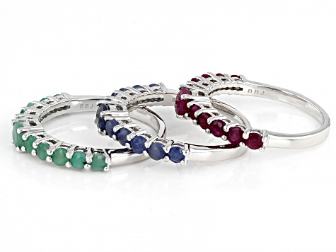 Pre-Owned Indian Ruby, Indian Sapphire With Sakota Emerald Rhodium Over Silver Ring Set 3.54ctw