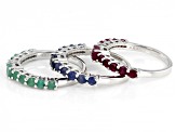 Pre-Owned Indian Ruby, Indian Sapphire With Sakota Emerald Rhodium Over Silver Ring Set 3.54ctw