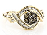 Pre-Owned Champagne And White Diamond 10k Yellow Gold Crossover Ring 0.90ctw