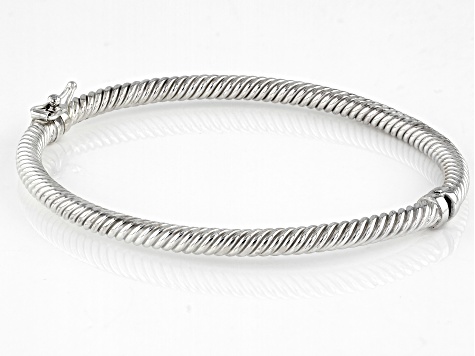 Pre-Owned Rhodium Over 14K White Gold 4MM Polished and Textured Hinged Bangle