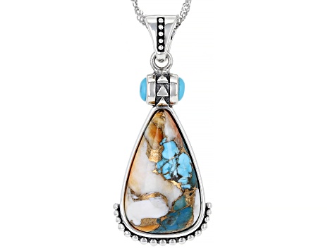 Pre-Owned Blue Sleeping Beauty Turquoise, Spiny Oyster Rhodium Over Silver Enhancer with Chain