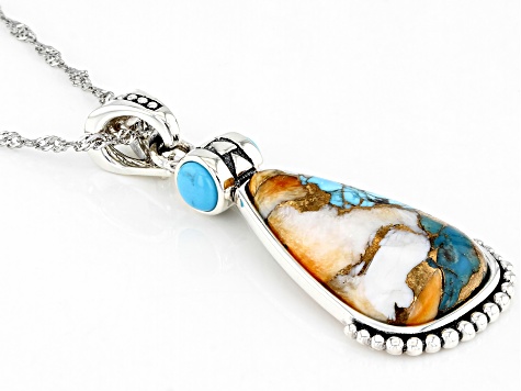 Pre-Owned Blue Sleeping Beauty Turquoise, Spiny Oyster Rhodium Over Silver Enhancer with Chain