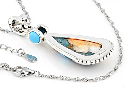 Pre-Owned Blue Sleeping Beauty Turquoise, Spiny Oyster Rhodium Over Silver Enhancer with Chain