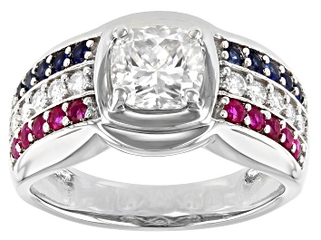 Picture of Pre-Owned Moissanite with blue sapphire and ruby Platineve mens ring. 2.00ctw DEW.