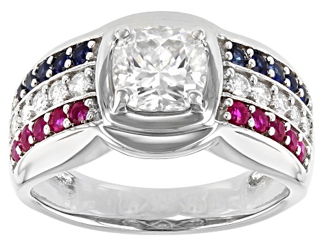 Pre-Owned Moissanite with blue sapphire and ruby Platineve mens ring. 2.00ctw DEW.