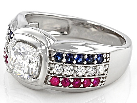 Pre-Owned Moissanite with blue sapphire and ruby Platineve mens ring. 2.00ctw DEW.