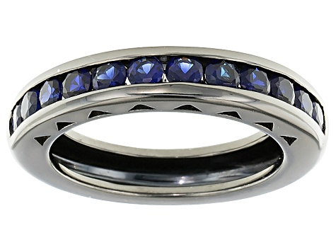 Pre-Owned Blue Lab Created Sapphire Black Rhodium Over Sterling Silver Gents Wedding Band Ring 1.51c